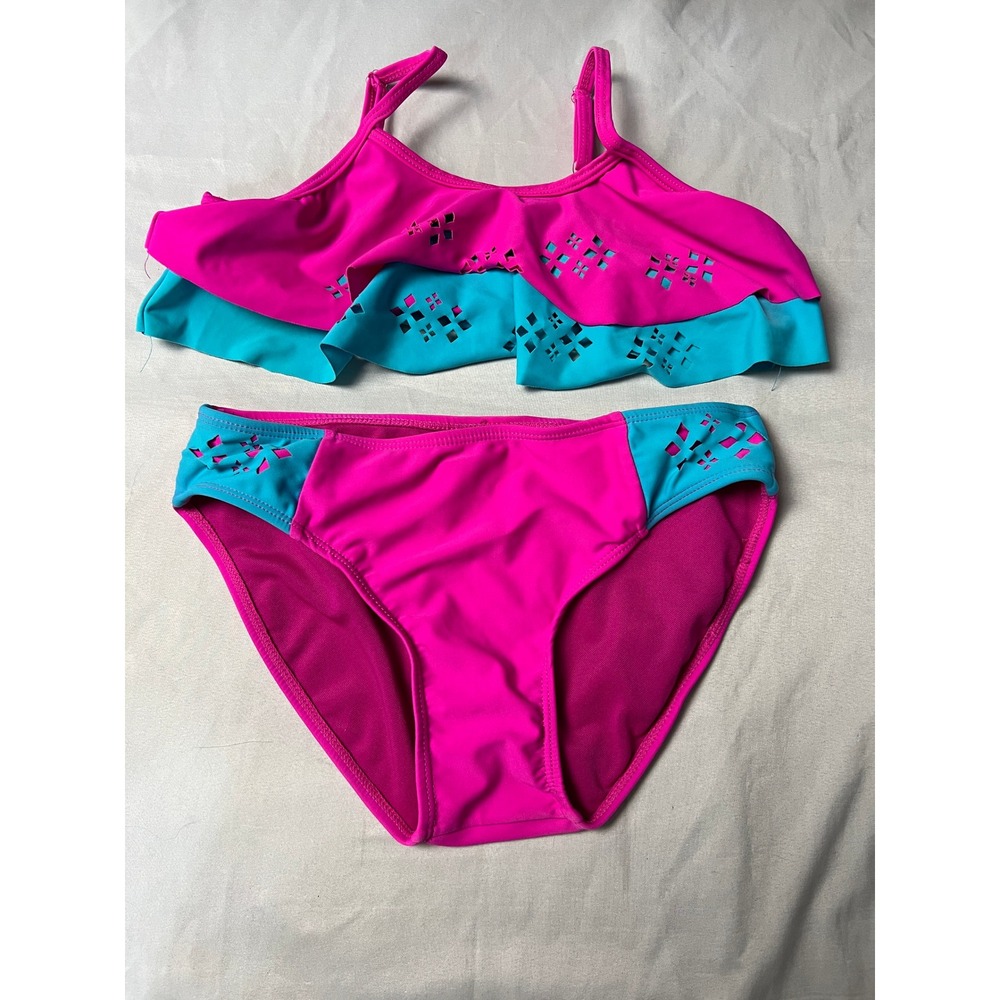 Total Tropics Girls Pink Turquoise Laser Cut Ruffle Bikini Swimsuit Set Size 12